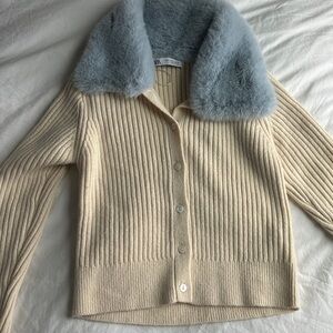 Zara Cream Cardigan with Gray Faux Fur Collar